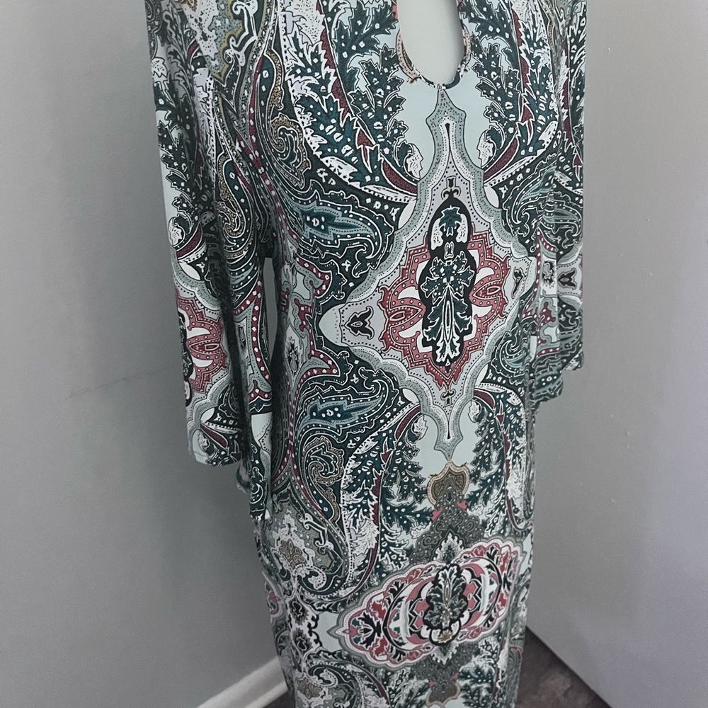 Chico's Teal, Burgandy and White Sheath Dress with Bell Sleeves - Picture 5 of 11
